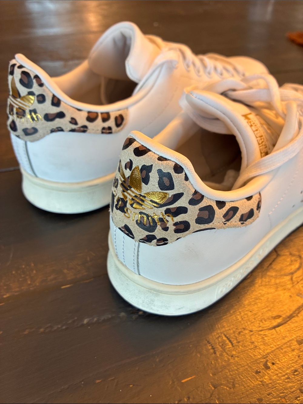 adidas White Stan Smith Sneakers with Leopard Heel and Gold Accents